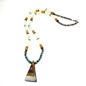 Vintage Santo Domingo Sterling Silver Heishi Bead Stone Inlay Triangle Necklace